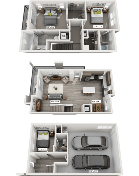 A set of three floor plans for an apartment.